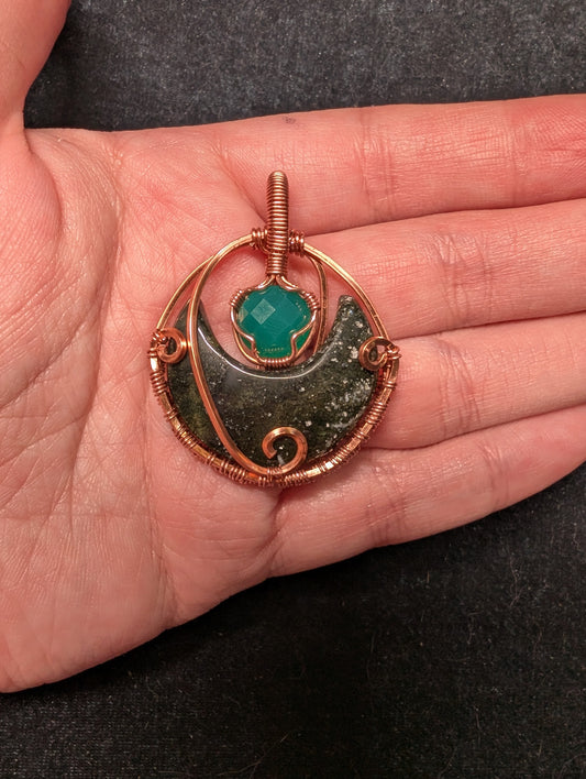 Agate Moon and Green Onyx Wire Wrapped Pendant