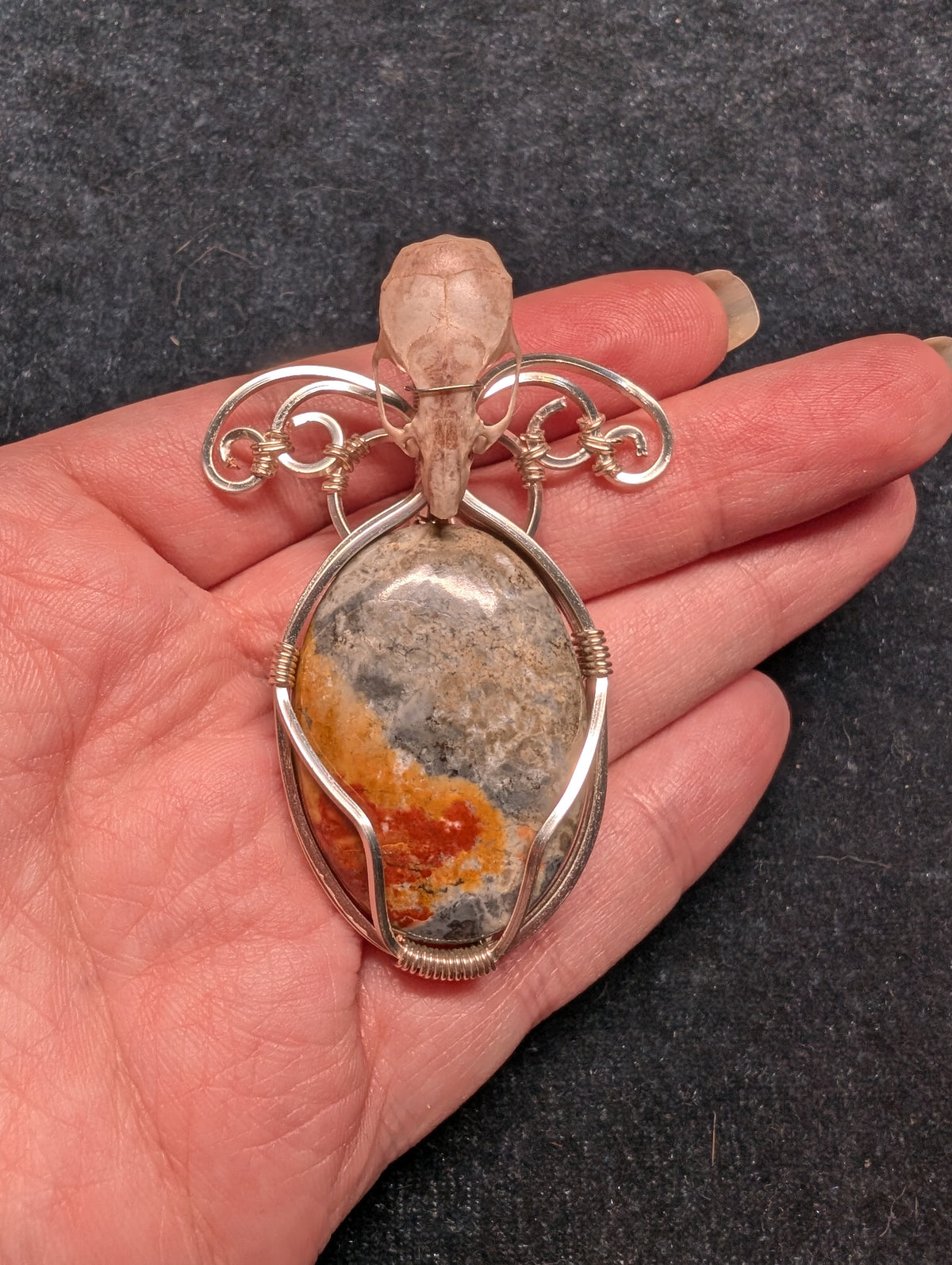 Grey and Orange Agate and Mouse Skull Wire Wrapped Pendant