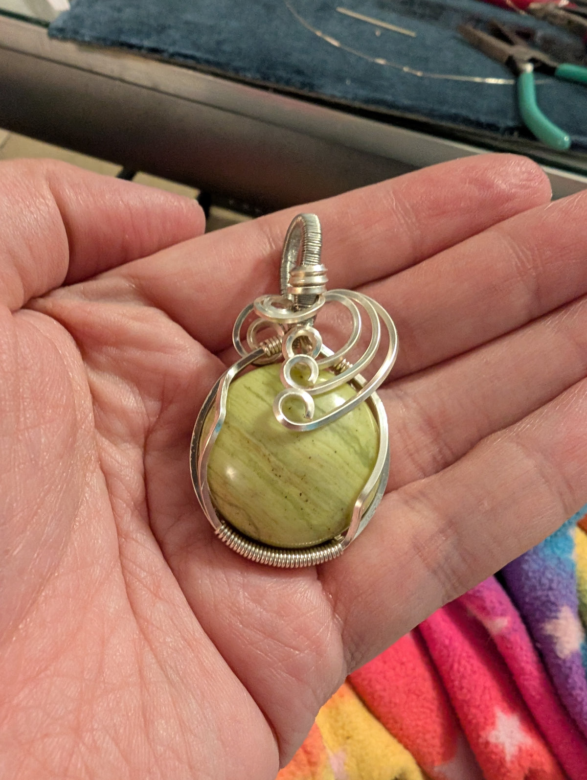 Green Serpentine Wire Wrapped Pendant