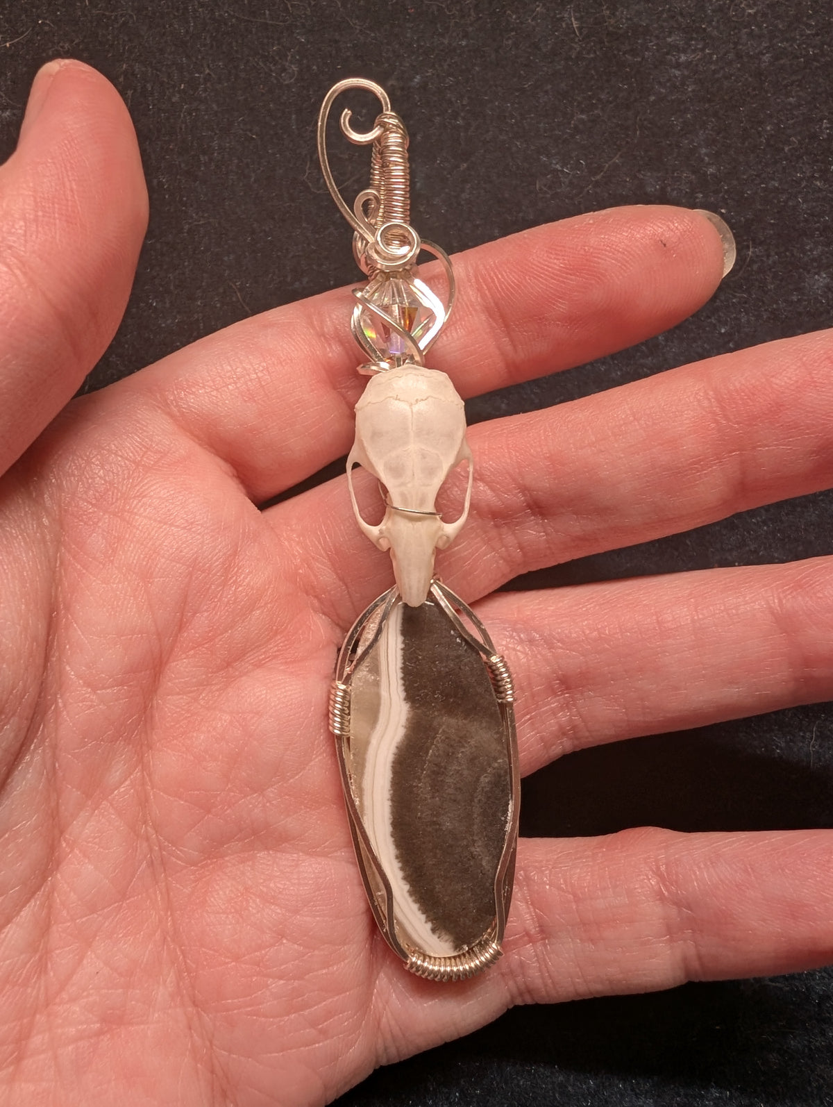 Zebra Palm Calcite and Mouse Skull Wire Wrapped Pendant