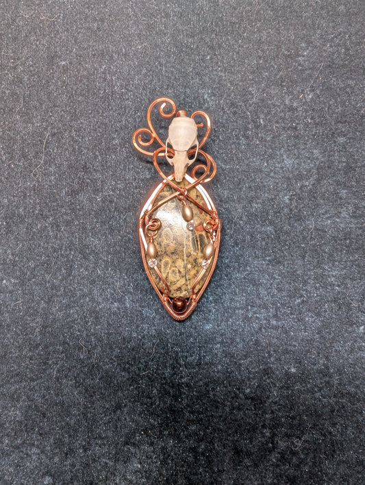 Peanut Obsidian and Mouse Skull with Beaded Dangles Wire Wrapped Pendant