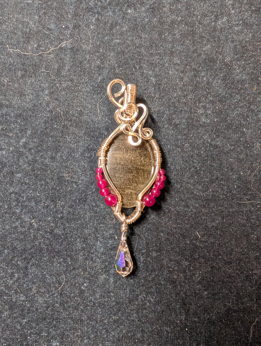 Gold Sheen Obsidian and Ruby with Crystal Wire Wrapped Pendant