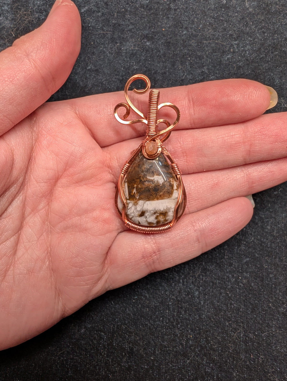 Brown Mosaic Jasper and Crystal Wire Wrapped Pendant