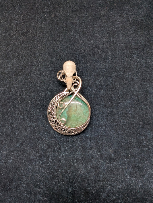Chrysocolla with Moon and Mouse Skull Wrapped Pendant
