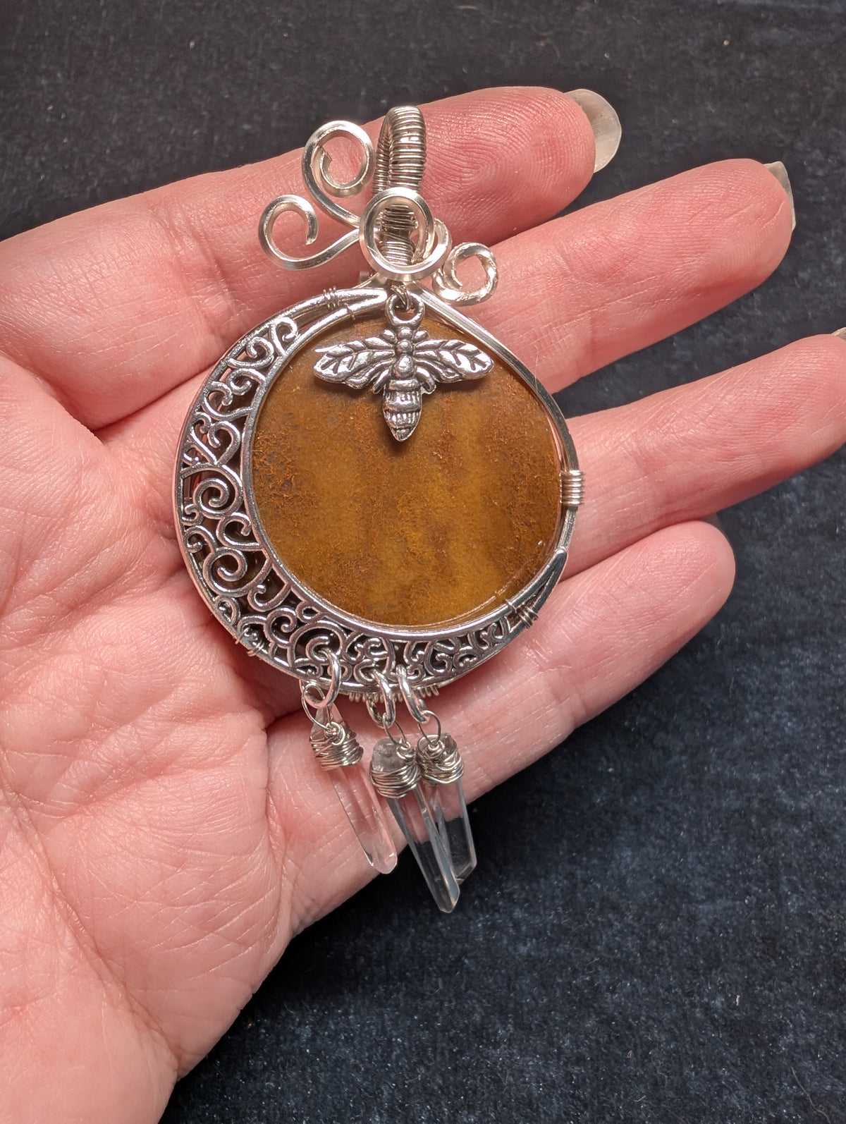 Brown Aventurine and Quartz with Moon and Bee Wire Wrapped Pendant