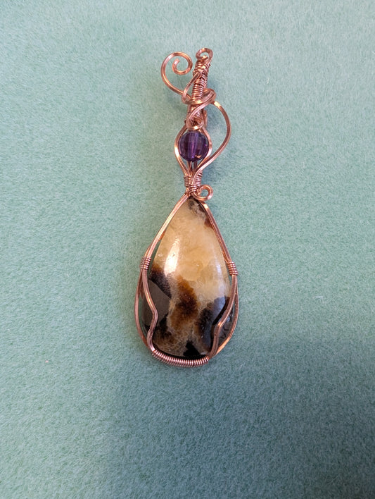 Septarian and Amethyst Wire Wrapped Pendant