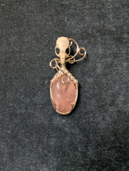 Rose Quartz, Pearl, and Mouse Skull Wire Wrapped Pendant